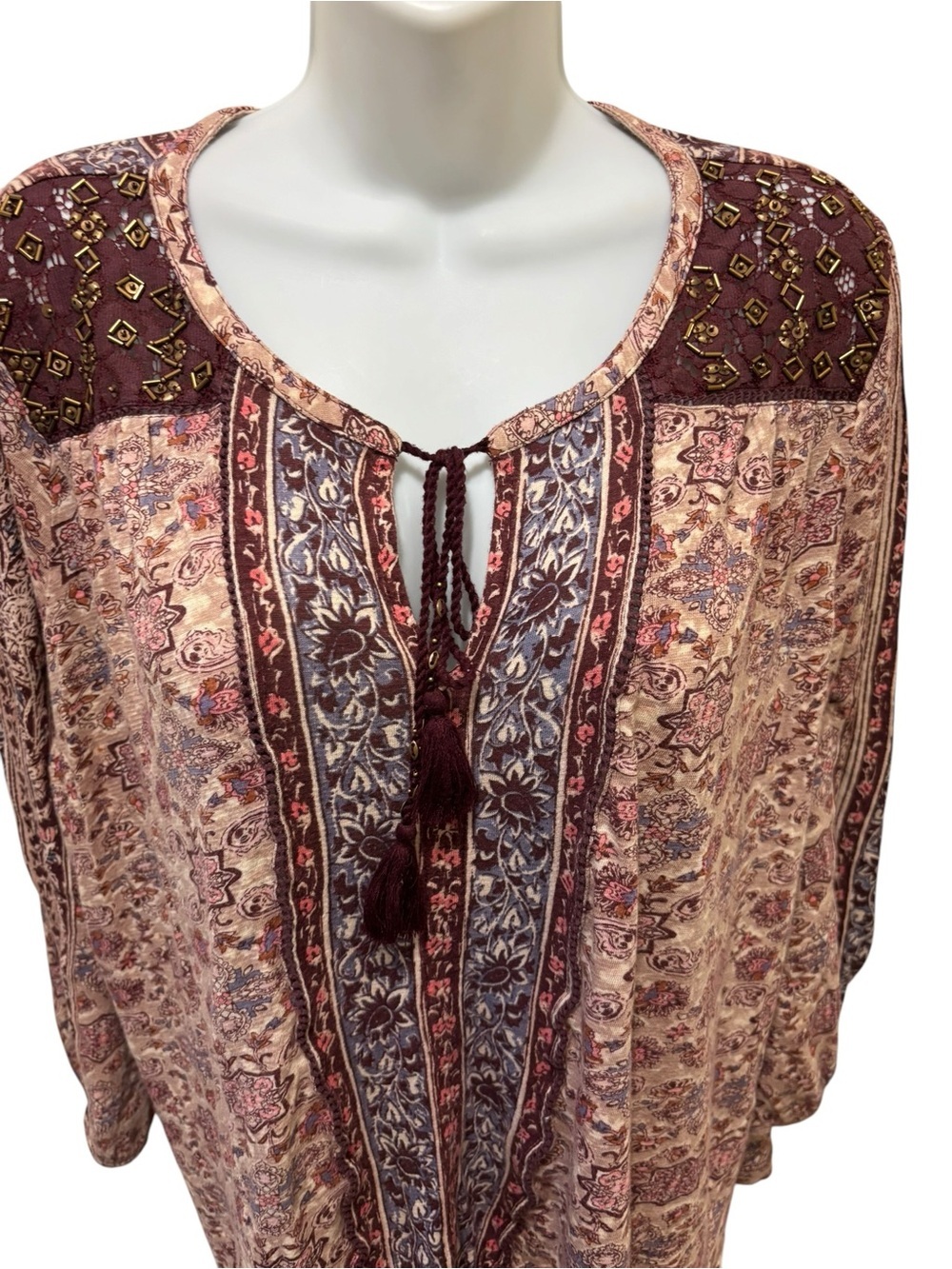 Lucky Brand Women’s Boho Peasant Top Burgundy Sz 2X Tassel Neckline Floral Print - Picture 2 of 5